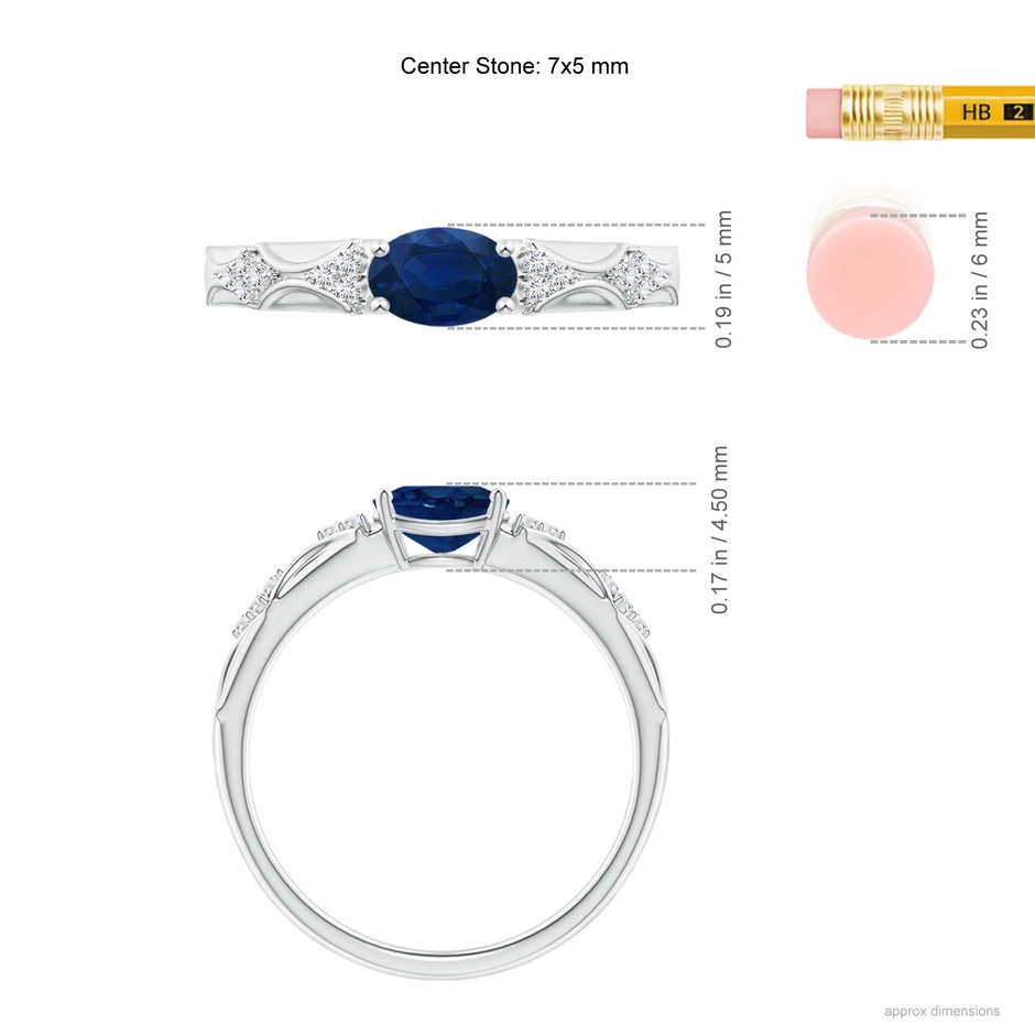7x5mm AA Oval Blue Sapphire Vintage Style Ring with Diamond Accents in White Gold ruler