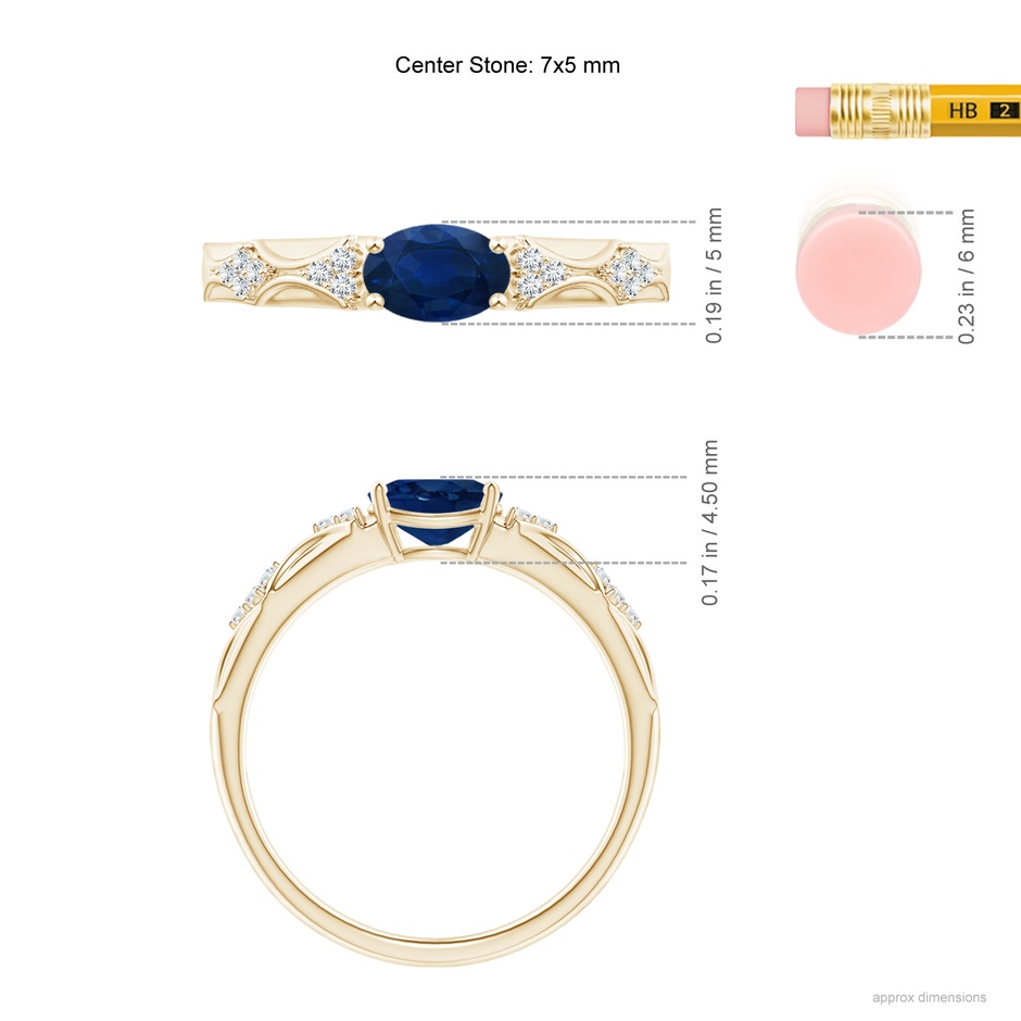 7x5mm AA Oval Blue Sapphire Vintage Style Ring with Diamond Accents in Yellow Gold ruler