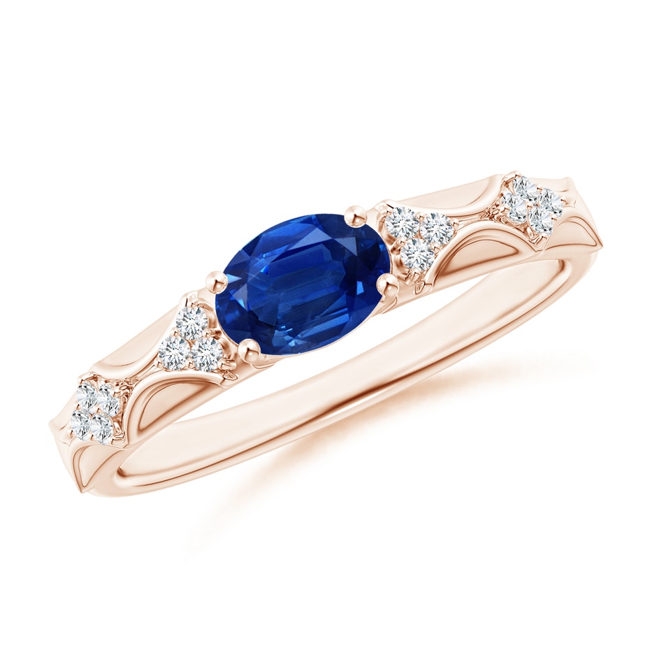 7x5mm AAA Oval Blue Sapphire Vintage Style Ring with Diamond Accents in Rose Gold 