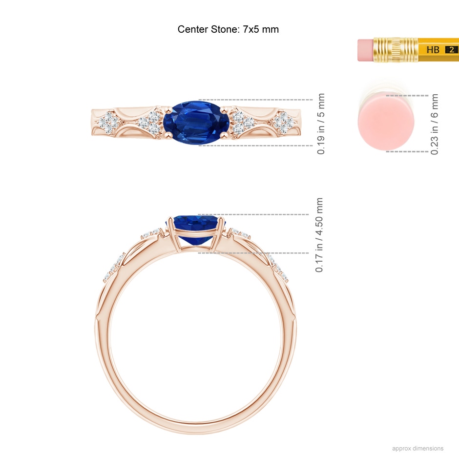 7x5mm AAA Oval Blue Sapphire Vintage Style Ring with Diamond Accents in Rose Gold ruler