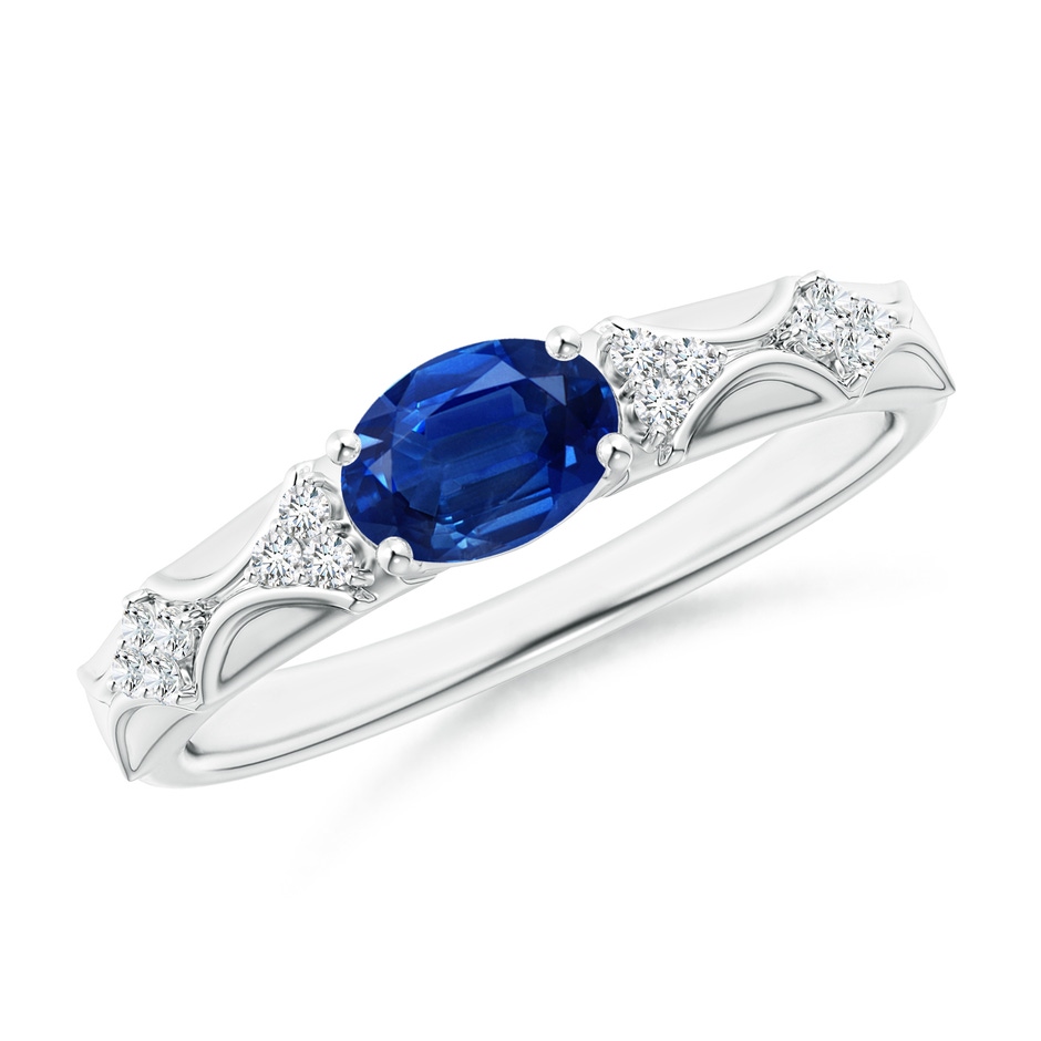 7x5mm AAA Oval Blue Sapphire Vintage Style Ring with Diamond Accents in White Gold 