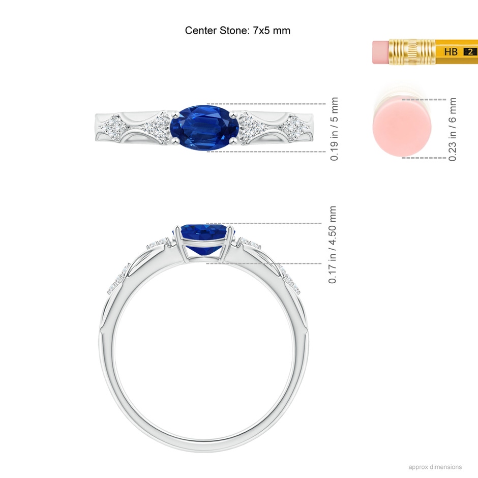 7x5mm AAA Oval Blue Sapphire Vintage Style Ring with Diamond Accents in White Gold ruler