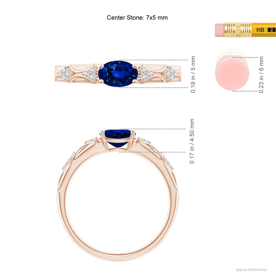7x5mm Lab-Grown Oval Blue Sapphire Vintage Style Ring with Diamond Accents in Rose Gold ruler