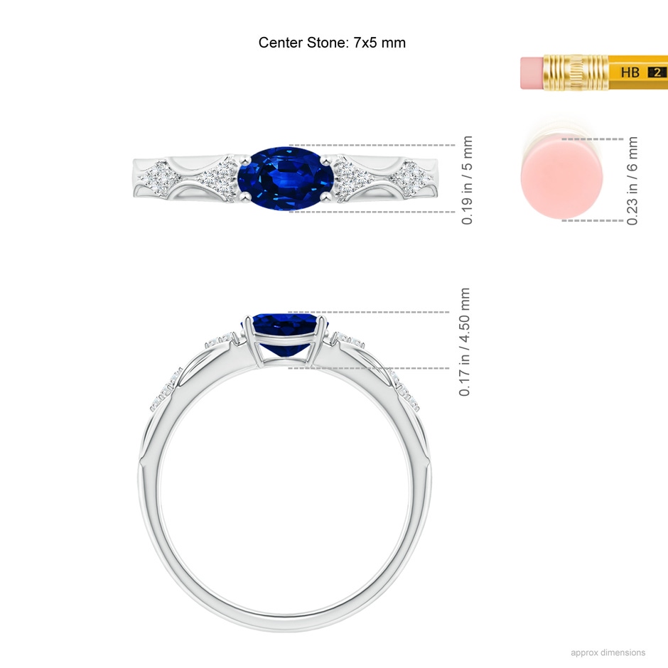 7x5mm Lab-Grown Oval Blue Sapphire Vintage Style Ring with Diamond Accents in White Gold ruler