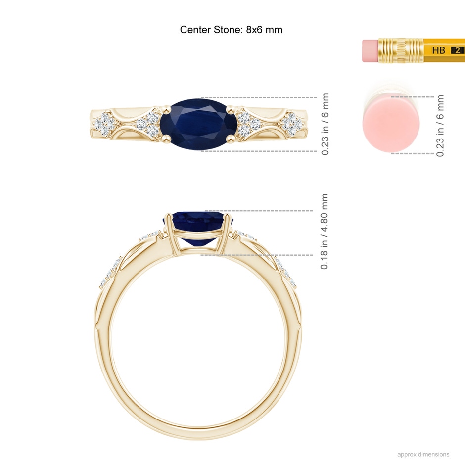 8x6mm A Oval Blue Sapphire Vintage Style Ring with Diamond Accents in Yellow Gold ruler