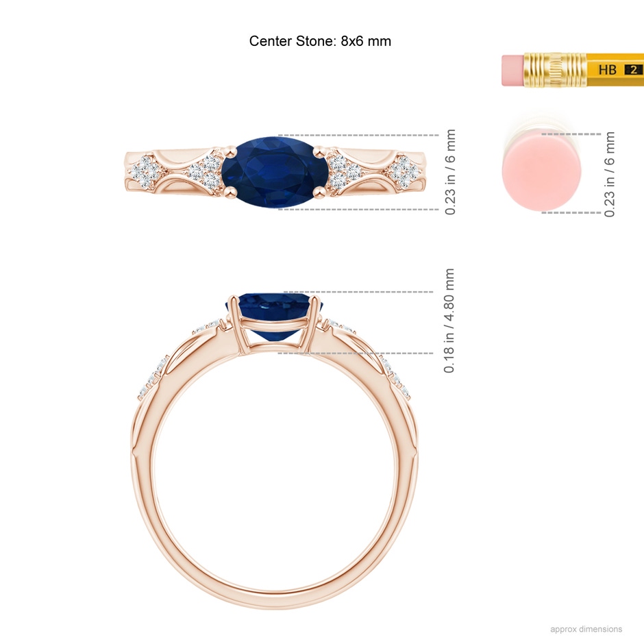 8x6mm AA Oval Blue Sapphire Vintage Style Ring with Diamond Accents in Rose Gold ruler