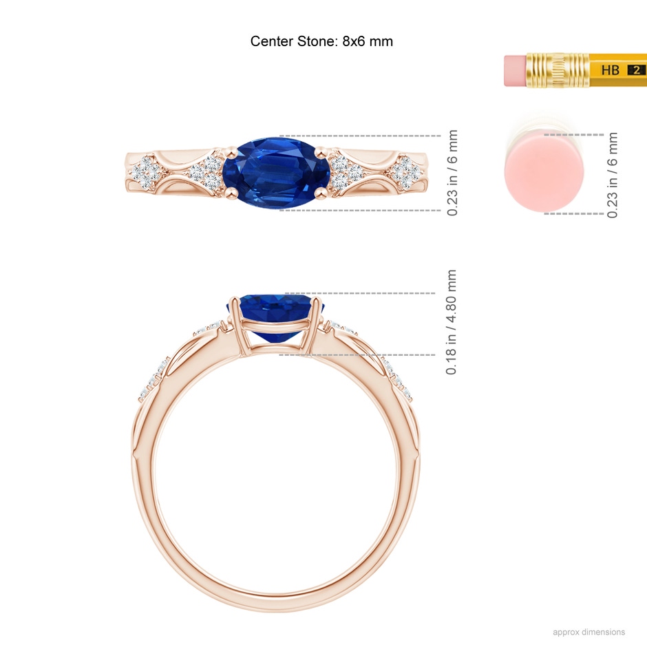 8x6mm AAA Oval Blue Sapphire Vintage Style Ring with Diamond Accents in Rose Gold ruler