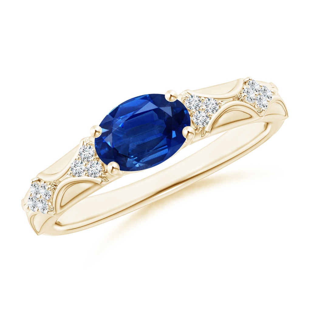 8x6mm AAA Oval Blue Sapphire Vintage Style Ring with Diamond Accents in Yellow Gold