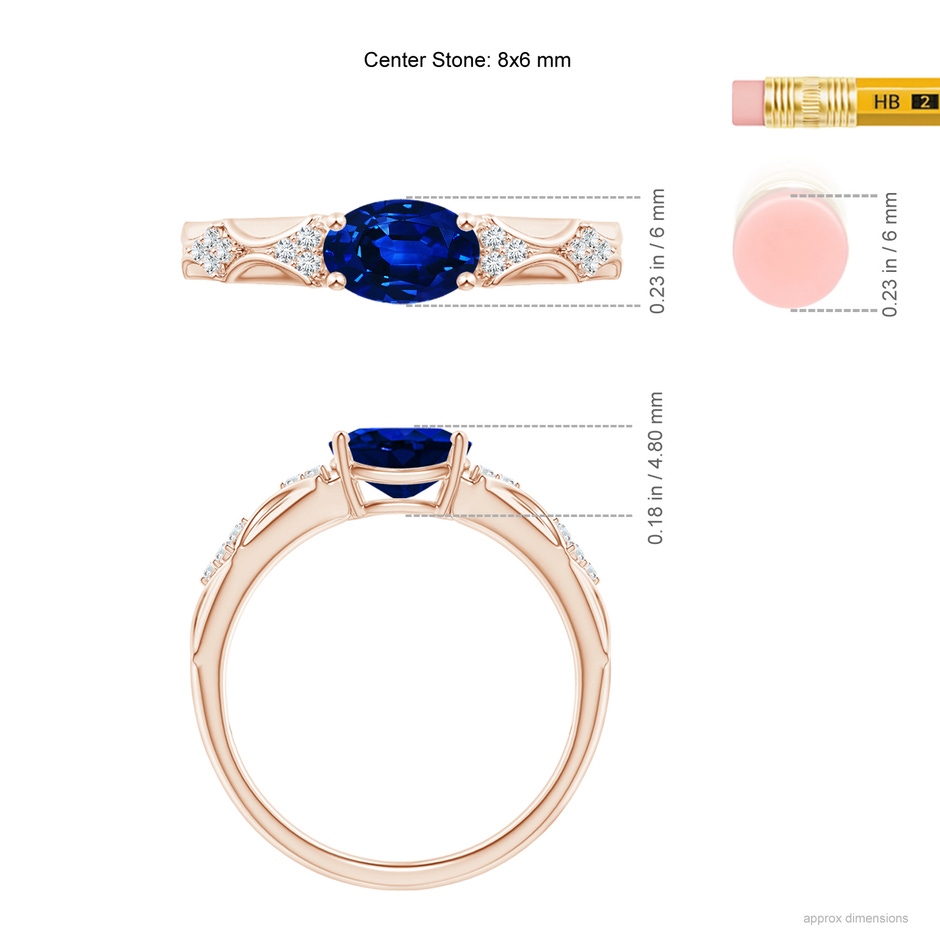 8x6mm Lab-Grown Oval Blue Sapphire Vintage Style Ring with Diamond Accents in Rose Gold ruler