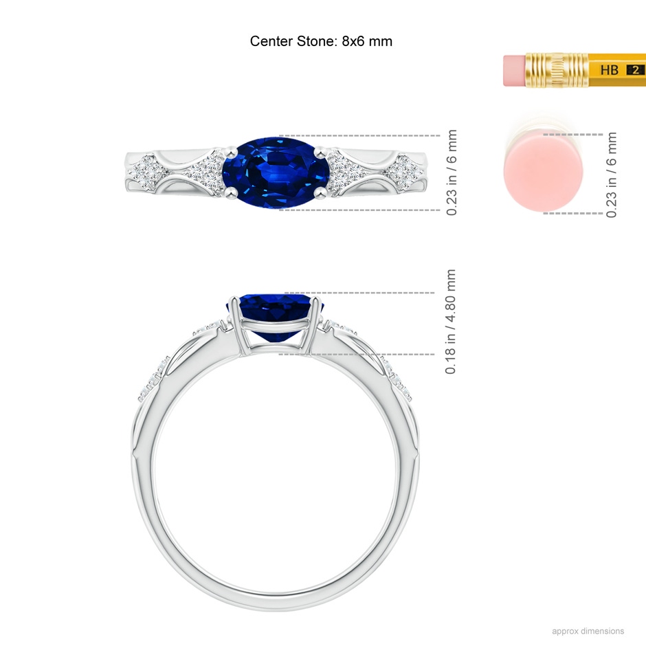 8x6mm Lab-Grown Oval Blue Sapphire Vintage Style Ring with Diamond Accents in White Gold ruler