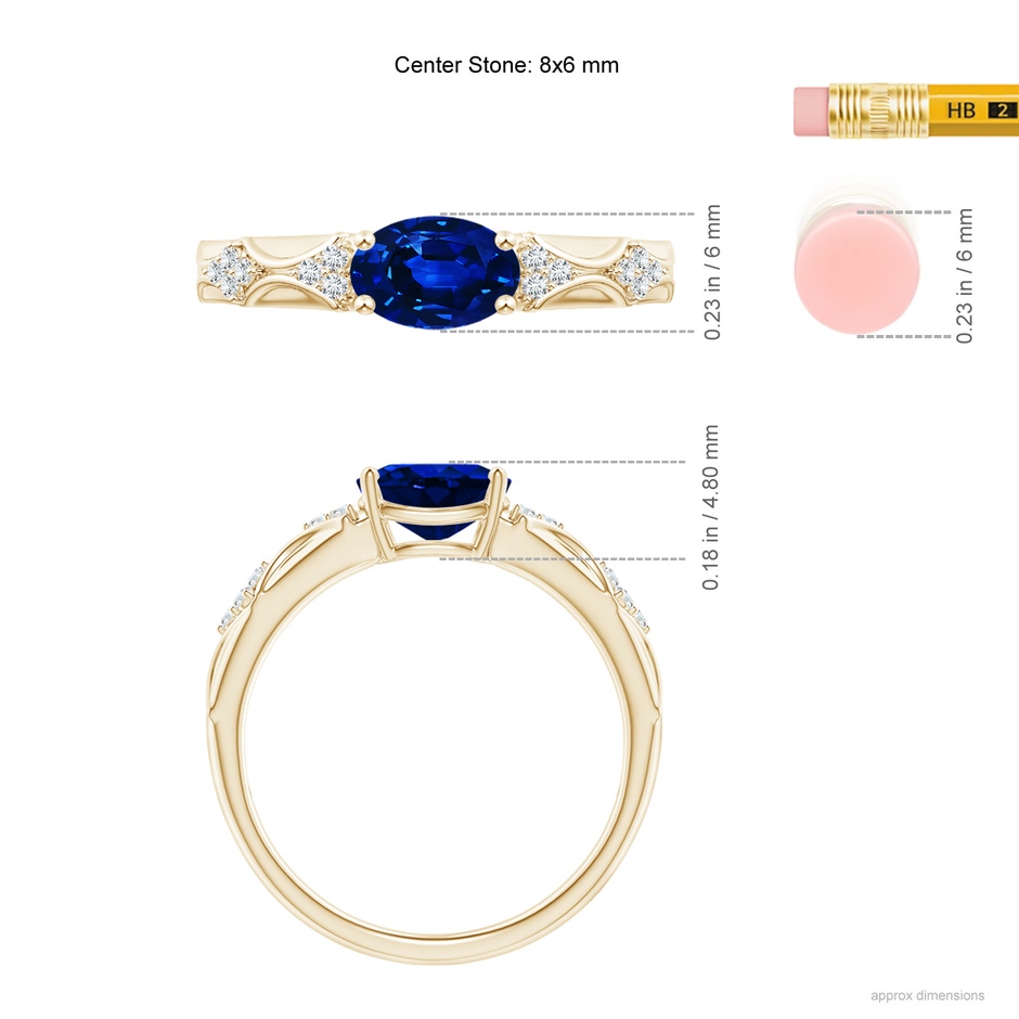 8x6mm Lab-Grown Oval Blue Sapphire Vintage Style Ring with Diamond Accents in Yellow Gold ruler