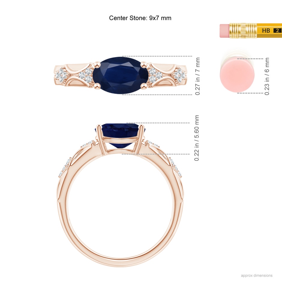 9x7mm A Oval Blue Sapphire Vintage Style Ring with Diamond Accents in Rose Gold ruler