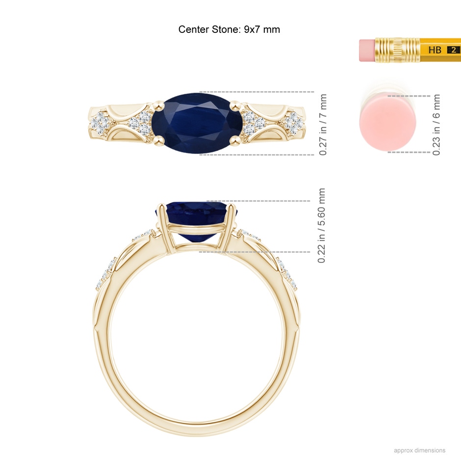 9x7mm A Oval Blue Sapphire Vintage Style Ring with Diamond Accents in Yellow Gold ruler
