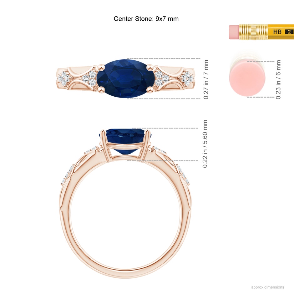 9x7mm AA Oval Blue Sapphire Vintage Style Ring with Diamond Accents in Rose Gold ruler