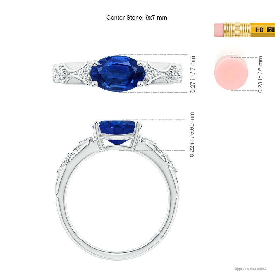 9x7mm AAA Oval Blue Sapphire Vintage Style Ring with Diamond Accents in P950 Platinum ruler