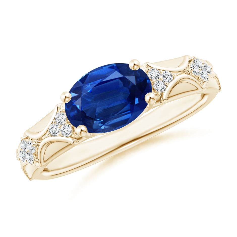 9x7mm AAA Oval Blue Sapphire Vintage Style Ring with Diamond Accents in Yellow Gold 