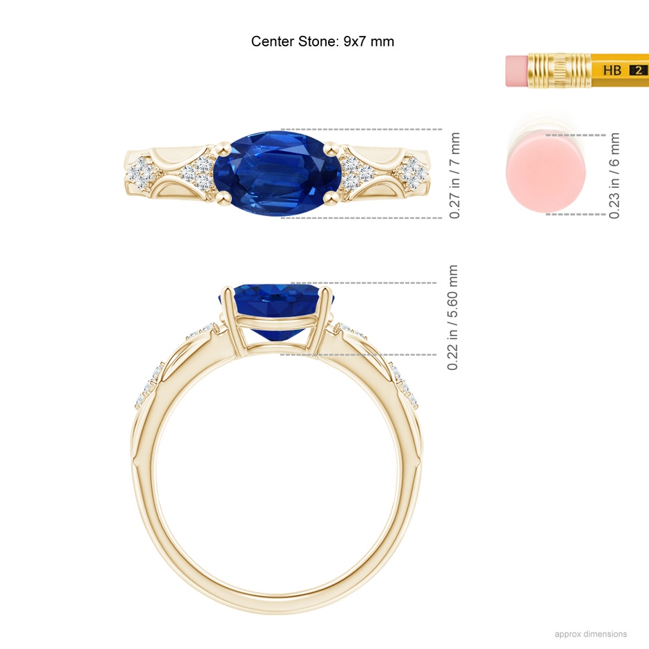 9x7mm AAA Oval Blue Sapphire Vintage Style Ring with Diamond Accents in Yellow Gold ruler