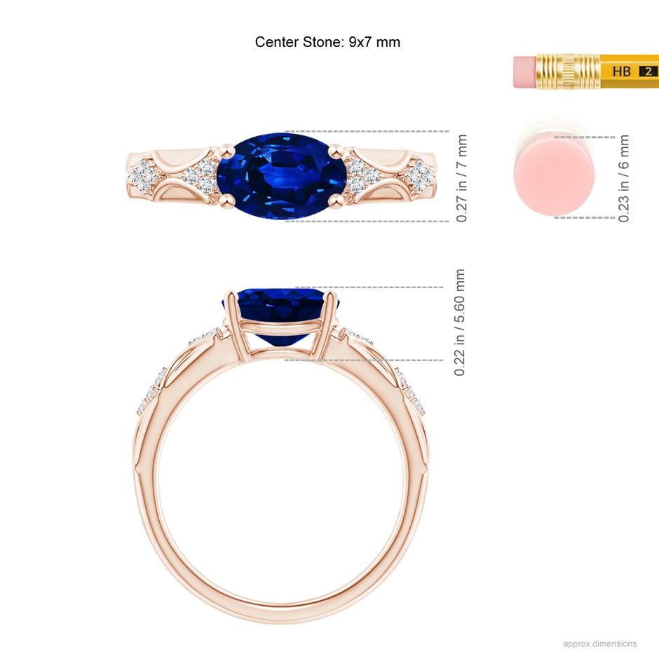 9x7mm AAAA Oval Blue Sapphire Vintage Style Ring with Diamond Accents in Rose Gold ruler