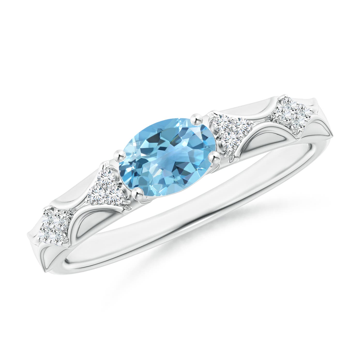 7x5mm A Oval Swiss Blue Topaz Vintage Style Ring with Diamond Accents in P950 Platinum