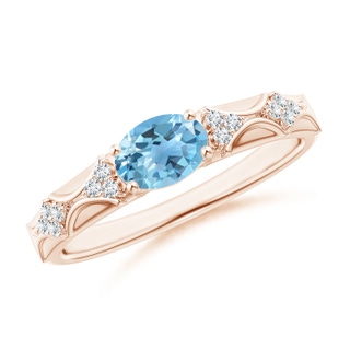 7x5mm A Oval Swiss Blue Topaz Vintage Style Ring with Diamond Accents in Rose Gold