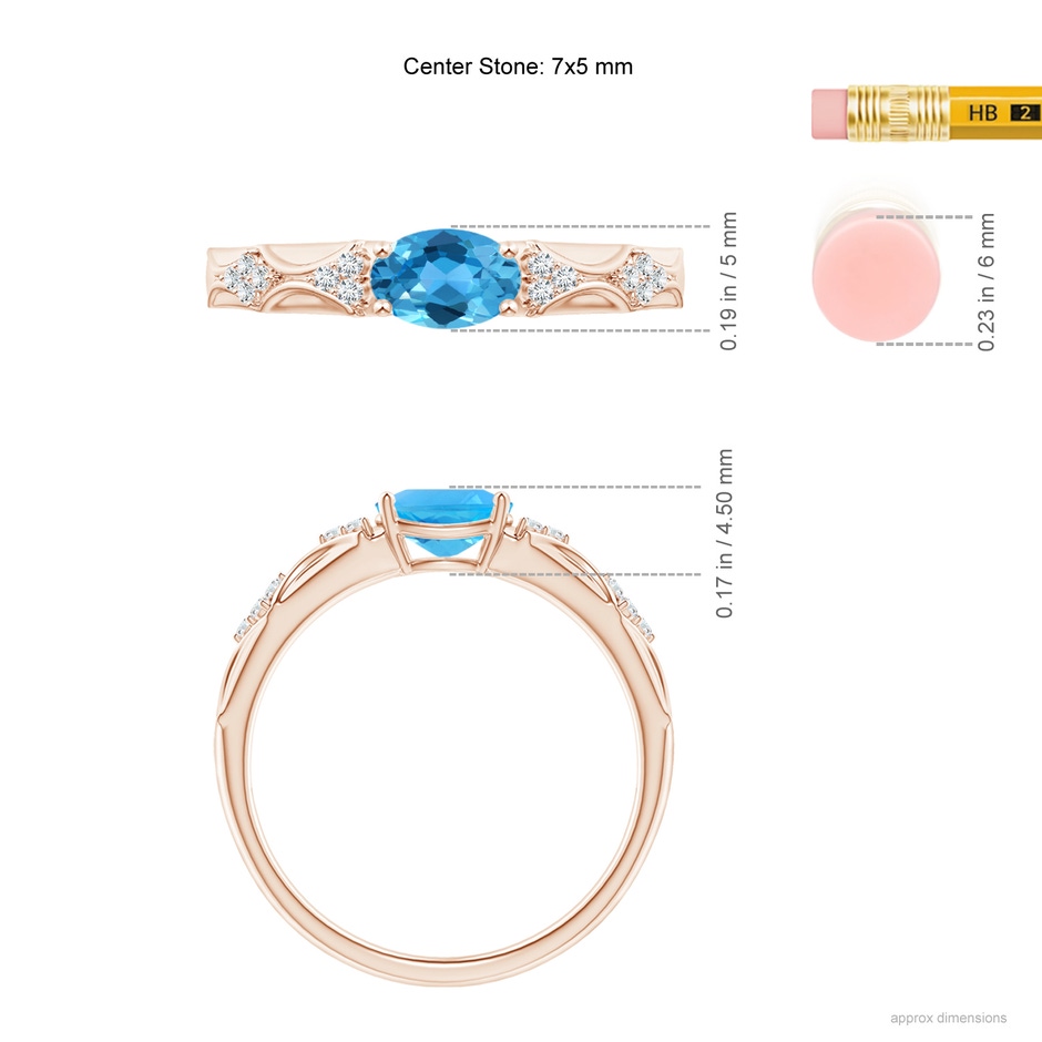 7x5mm AAA Oval Swiss Blue Topaz Vintage Style Ring with Diamond Accents in Rose Gold ruler