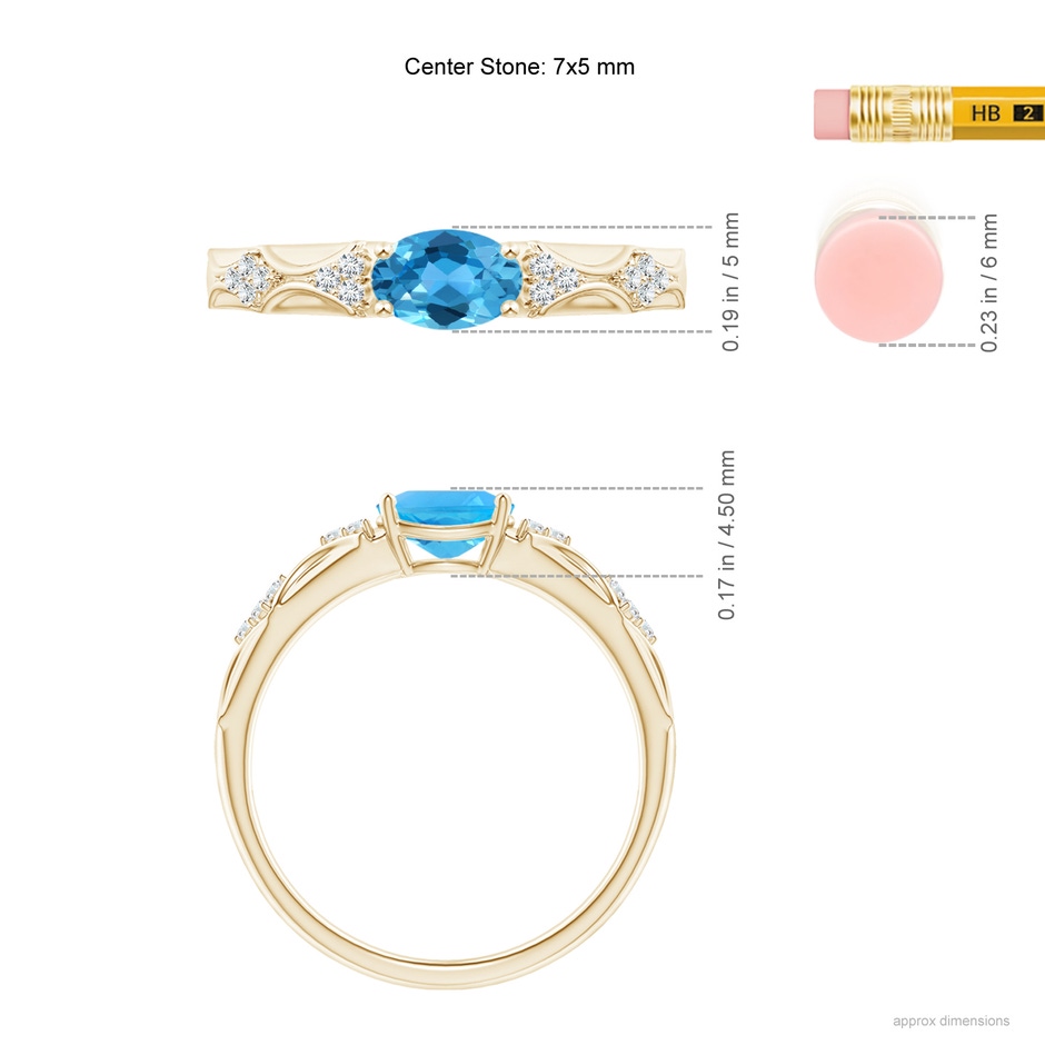 7x5mm AAA Oval Swiss Blue Topaz Vintage Style Ring with Diamond Accents in Yellow Gold ruler