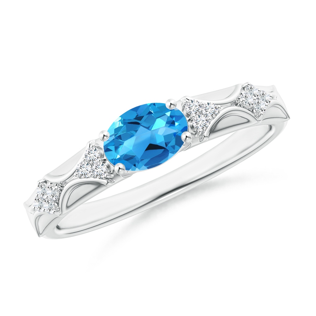 7x5mm AAAA Oval Swiss Blue Topaz Vintage Style Ring with Diamond Accents in White Gold