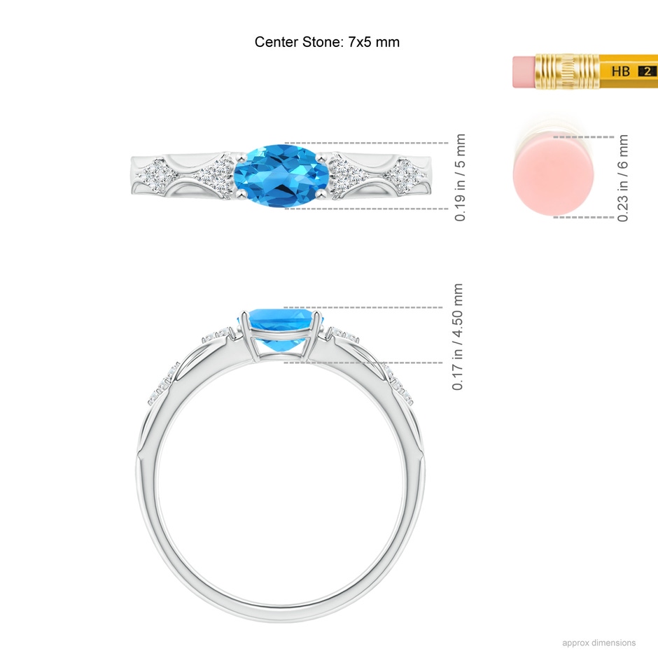 7x5mm AAAA Oval Swiss Blue Topaz Vintage Style Ring with Diamond Accents in White Gold ruler