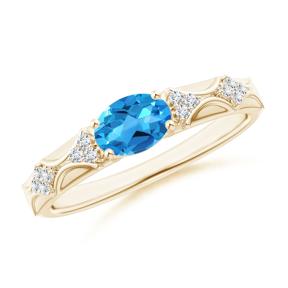 7x5mm AAAA Oval Swiss Blue Topaz Vintage Style Ring with Diamond Accents in Yellow Gold 