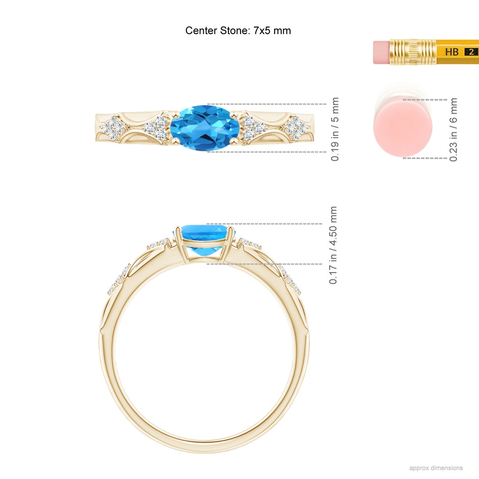 7x5mm AAAA Oval Swiss Blue Topaz Vintage Style Ring with Diamond Accents in Yellow Gold ruler