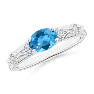 8x6mm AAA Oval Swiss Blue Topaz Vintage Style Ring with Diamond Accents in White Gold