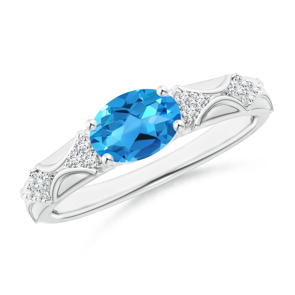 8x6mm AAAA Oval Swiss Blue Topaz Vintage Style Ring with Diamond Accents in White Gold