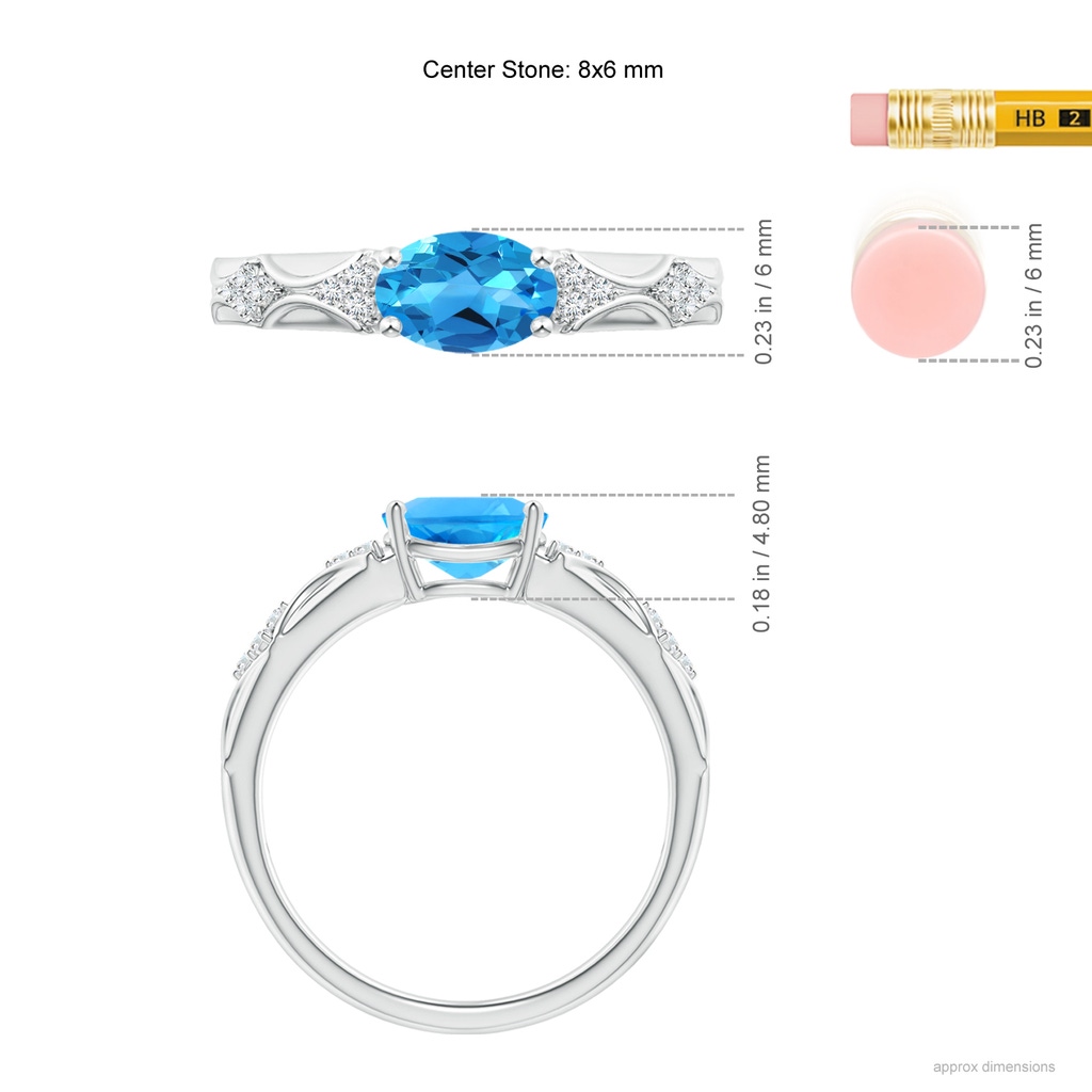 8x6mm AAAA Oval Swiss Blue Topaz Vintage Style Ring with Diamond Accents in White Gold Ruler
