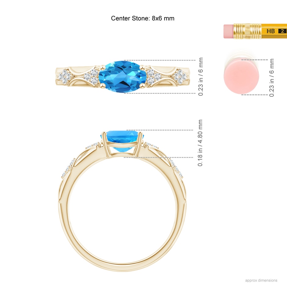 8x6mm AAAA Oval Swiss Blue Topaz Vintage Style Ring with Diamond Accents in Yellow Gold ruler