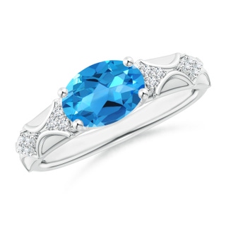 9x7mm AAAA Oval Swiss Blue Topaz Vintage Style Ring with Diamond Accents in White Gold