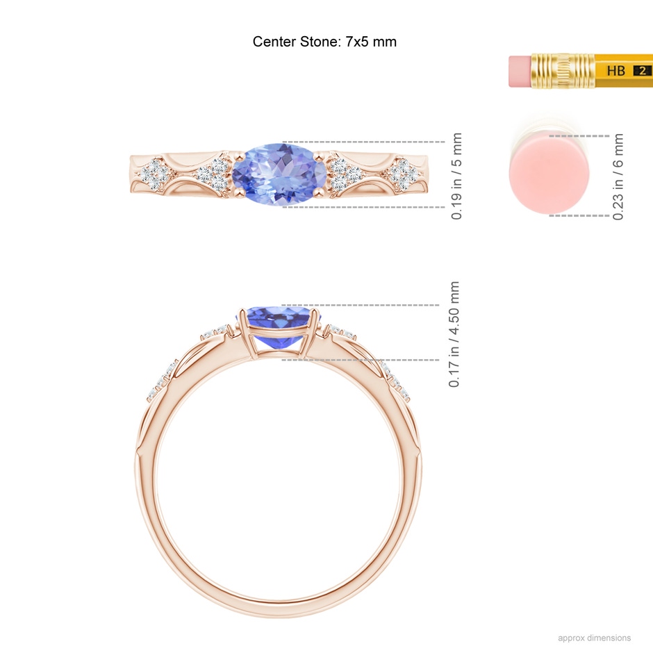7x5mm A Oval Tanzanite Vintage Style Ring with Diamond Accents in Rose Gold ruler