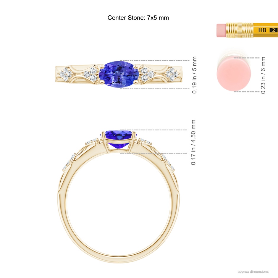 7x5mm AAA Oval Tanzanite Vintage Style Ring with Diamond Accents in Yellow Gold ruler