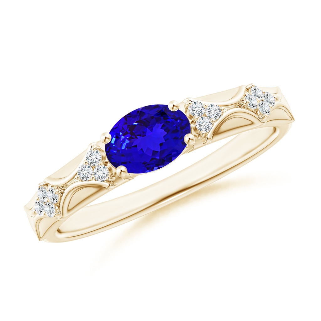 7x5mm AAAA Oval Tanzanite Vintage Style Ring with Diamond Accents in Yellow Gold