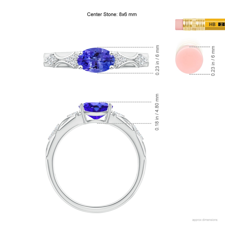 8x6mm AAA Oval Tanzanite Vintage Style Ring with Diamond Accents in P950 Platinum ruler