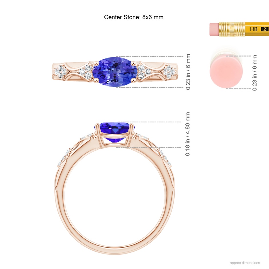 8x6mm AAA Oval Tanzanite Vintage Style Ring with Diamond Accents in Rose Gold ruler