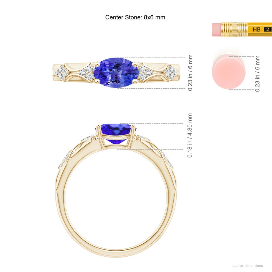 8x6mm AAA Oval Tanzanite Vintage Style Ring with Diamond Accents in Yellow Gold ruler