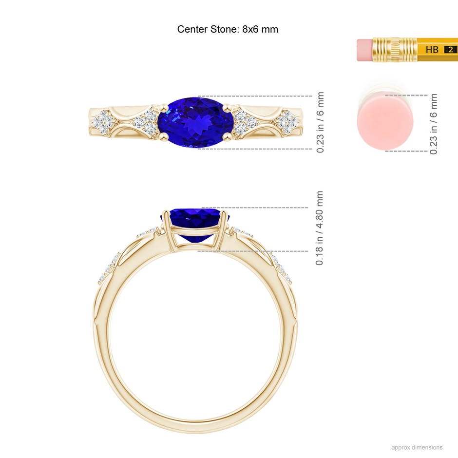 8x6mm AAAA Oval Tanzanite Vintage Style Ring with Diamond Accents in Yellow Gold ruler