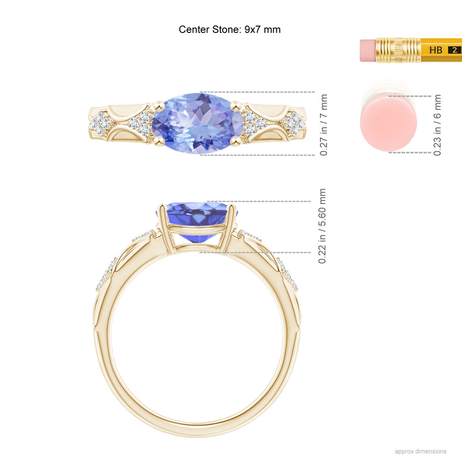 9x7mm A Oval Tanzanite Vintage Style Ring with Diamond Accents in 9K Yellow Gold ruler