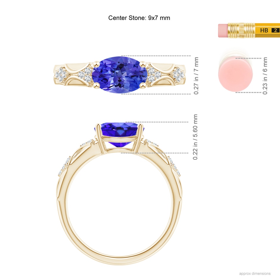 9x7mm AAA Oval Tanzanite Vintage Style Ring with Diamond Accents in Yellow Gold ruler