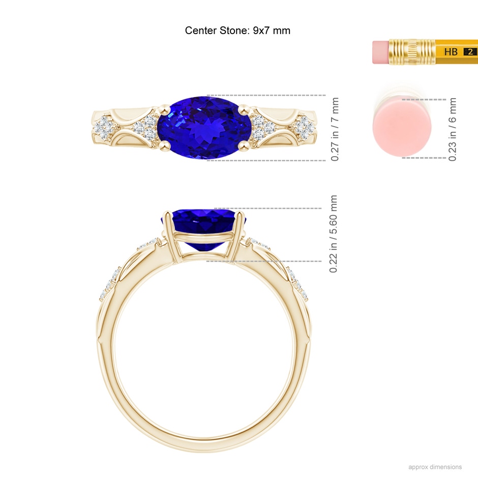 9x7mm AAAA Oval Tanzanite Vintage Style Ring with Diamond Accents in Yellow Gold ruler