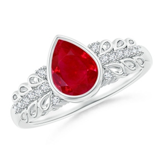 8x6mm AAA Pear Ruby Vintage Style Ring with Diamond Accents in White Gold