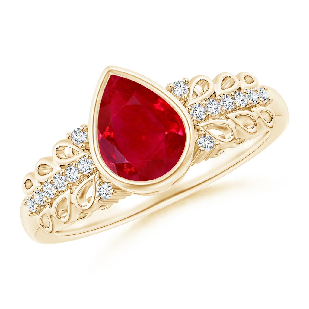 8x6mm AAA Pear Ruby Vintage Style Ring with Diamond Accents in Yellow Gold