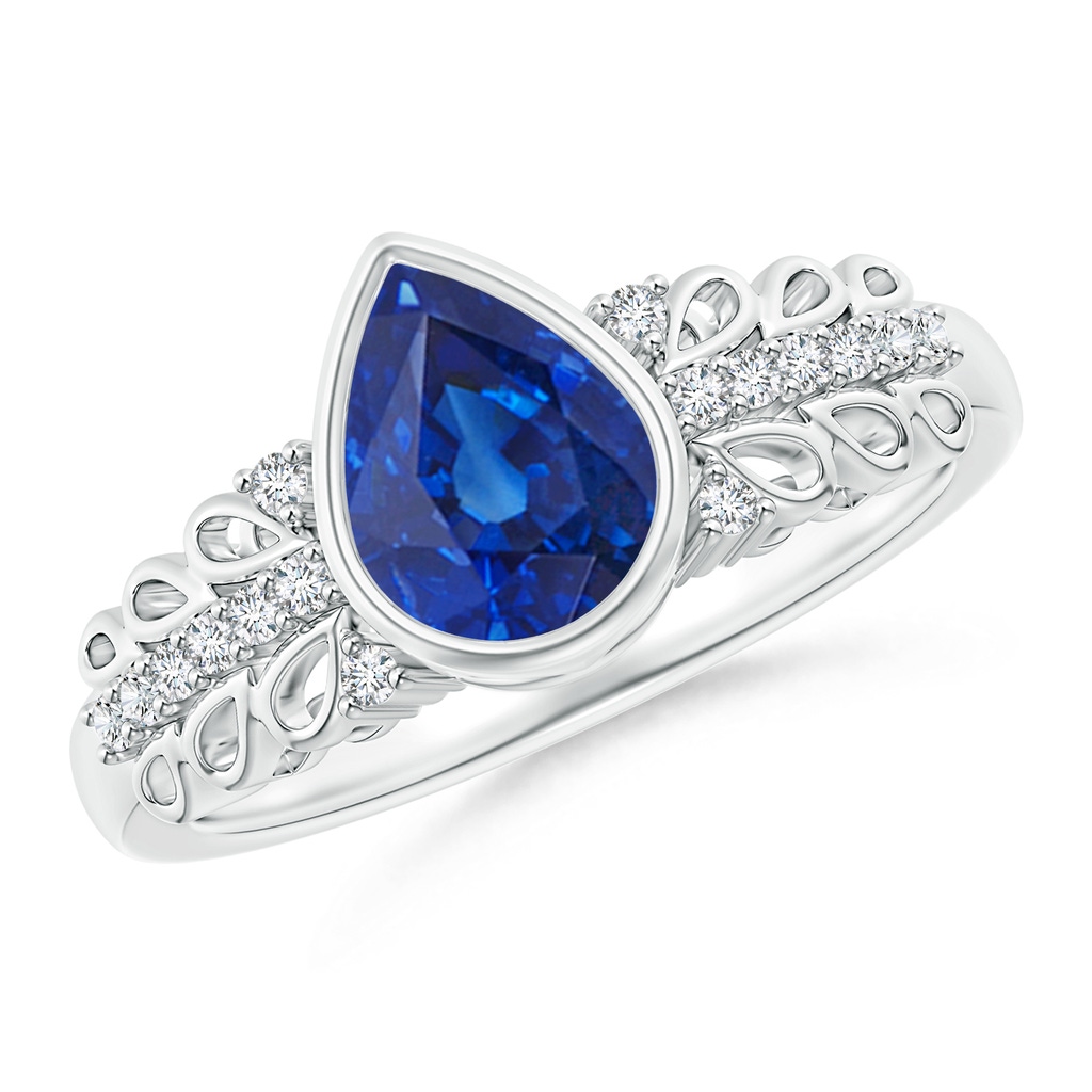 8x6mm AAA Pear Blue Sapphire Vintage Style Ring with Diamond Accents in White Gold