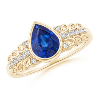 8x6mm AAA Pear Blue Sapphire Vintage Style Ring with Diamond Accents in Yellow Gold