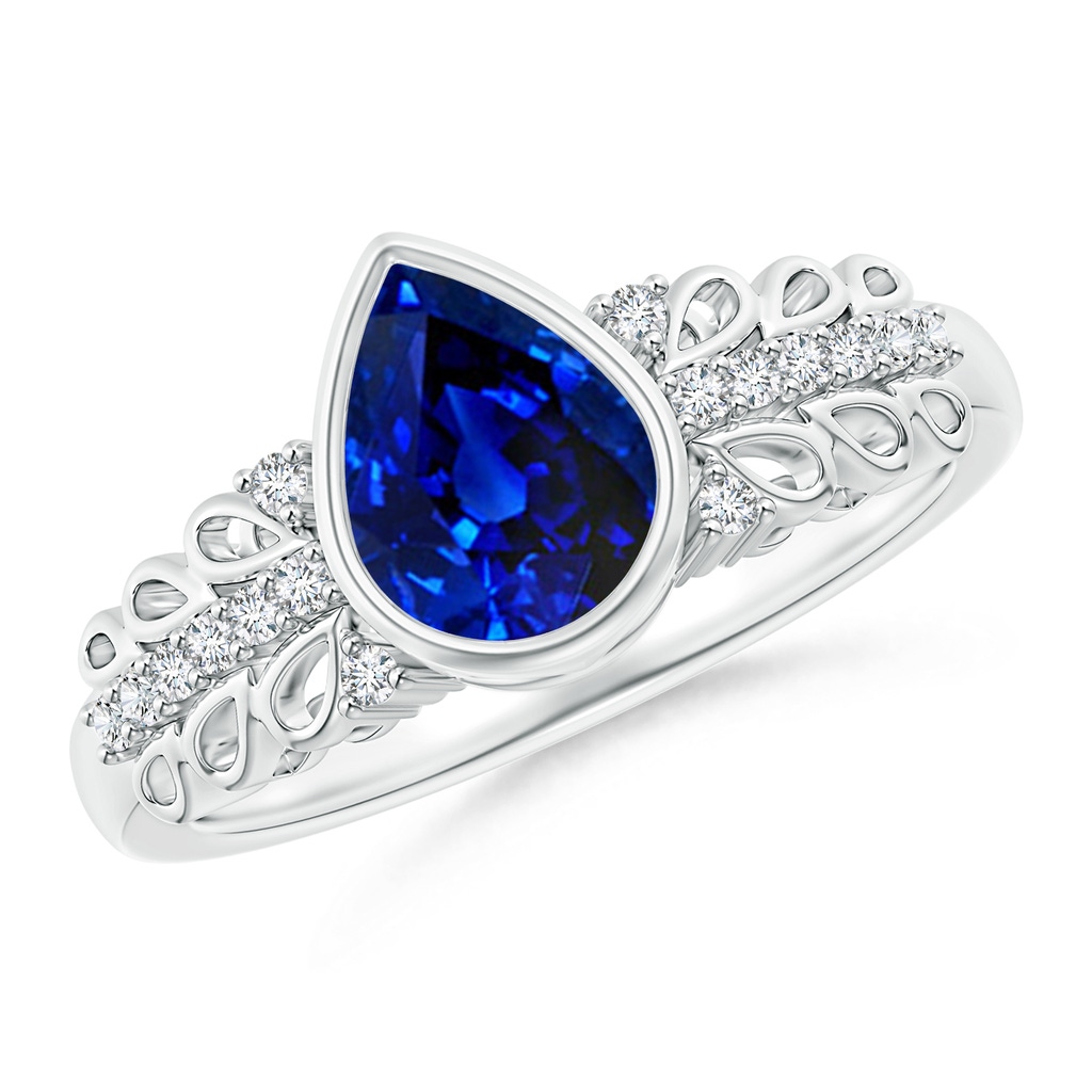 8x6mm Lab-Grown Pear Blue Sapphire Vintage Style Ring with Diamond Accents in White Gold